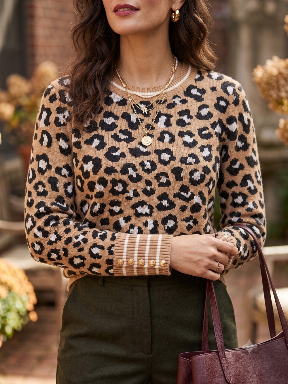 Talbots Leopard Animal Print Crewneck Knit Sweater Striped Gold Button Preppy